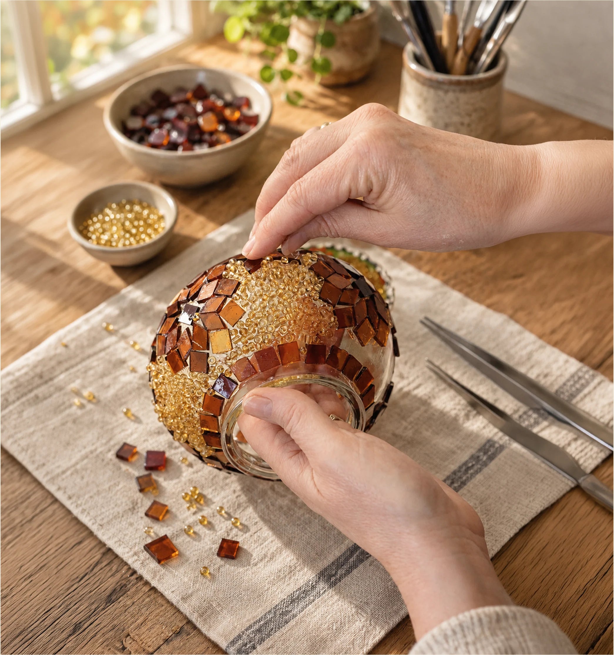 Hands placing mosaic glass and beads on a Turkish lamp globe