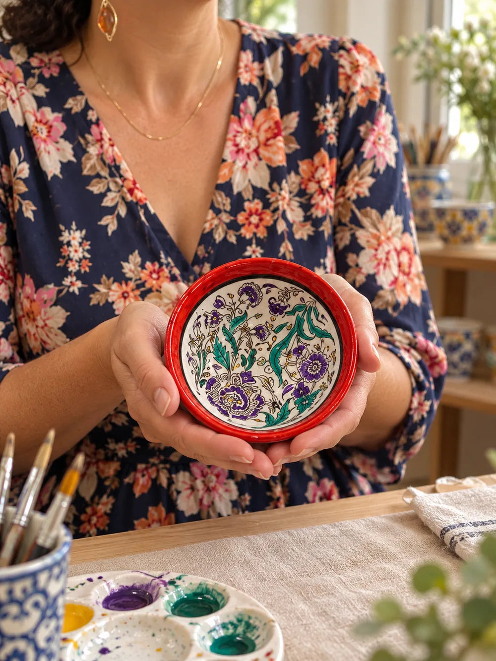 A finished ceramic bowl with colourful painted detail