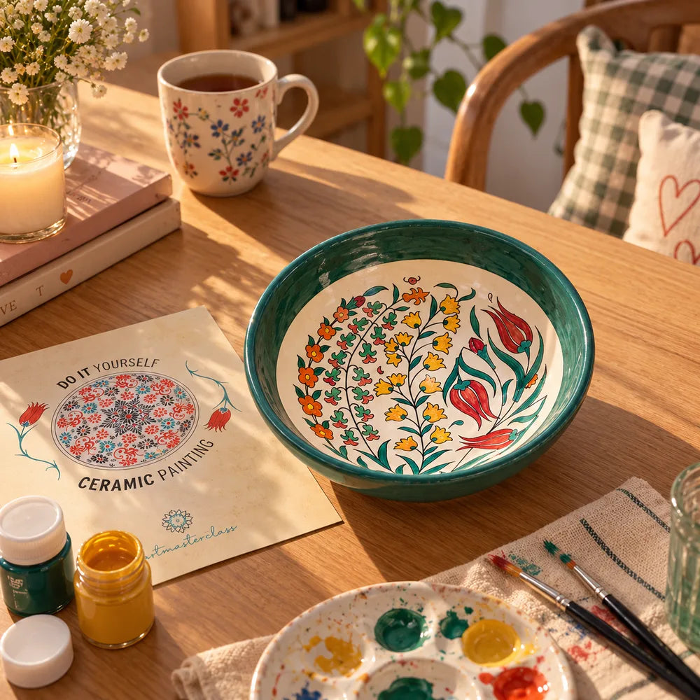 Ceramic painting kit set out on a home table