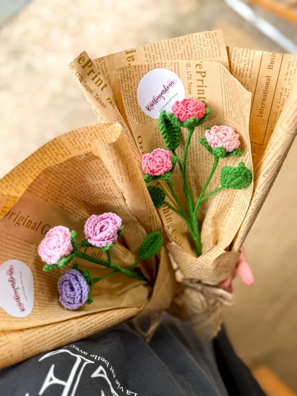 Pink and purple crochet rose bouquets