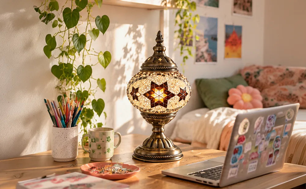 Desert mosaic lamp on a desk at home