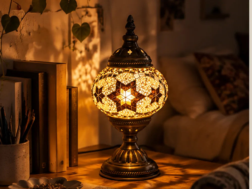 Desert table lamp illuminated in the evening
