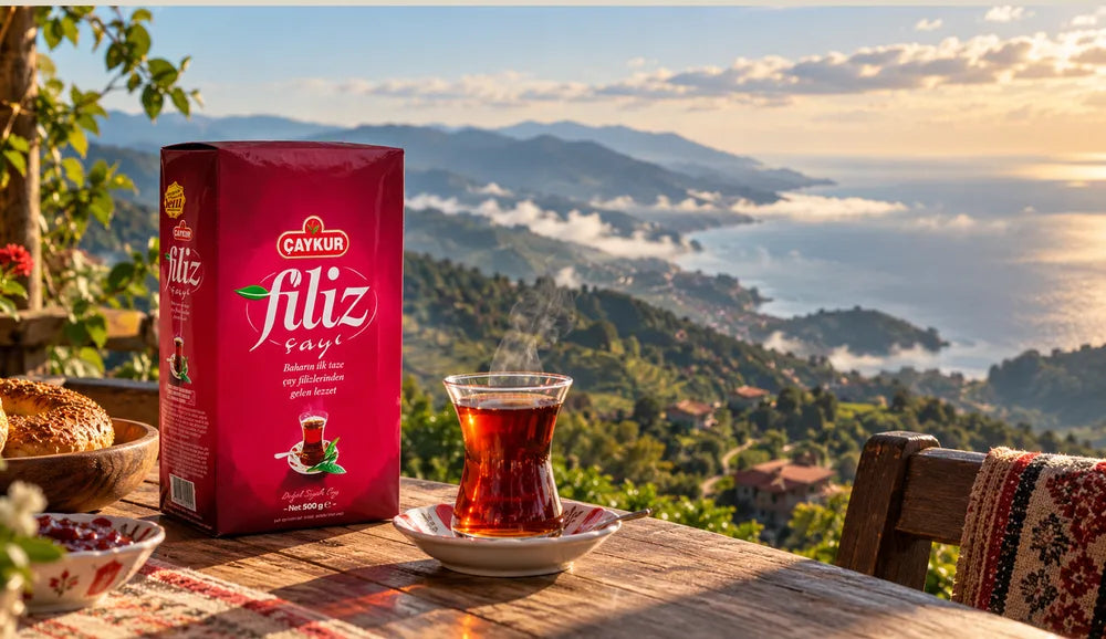 Çaykur Filiz tea pack and a glass of brewed black tea