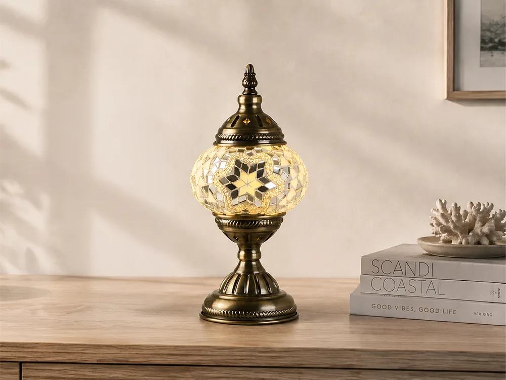 Turkish mosaic table lamp with warm glass and metal base