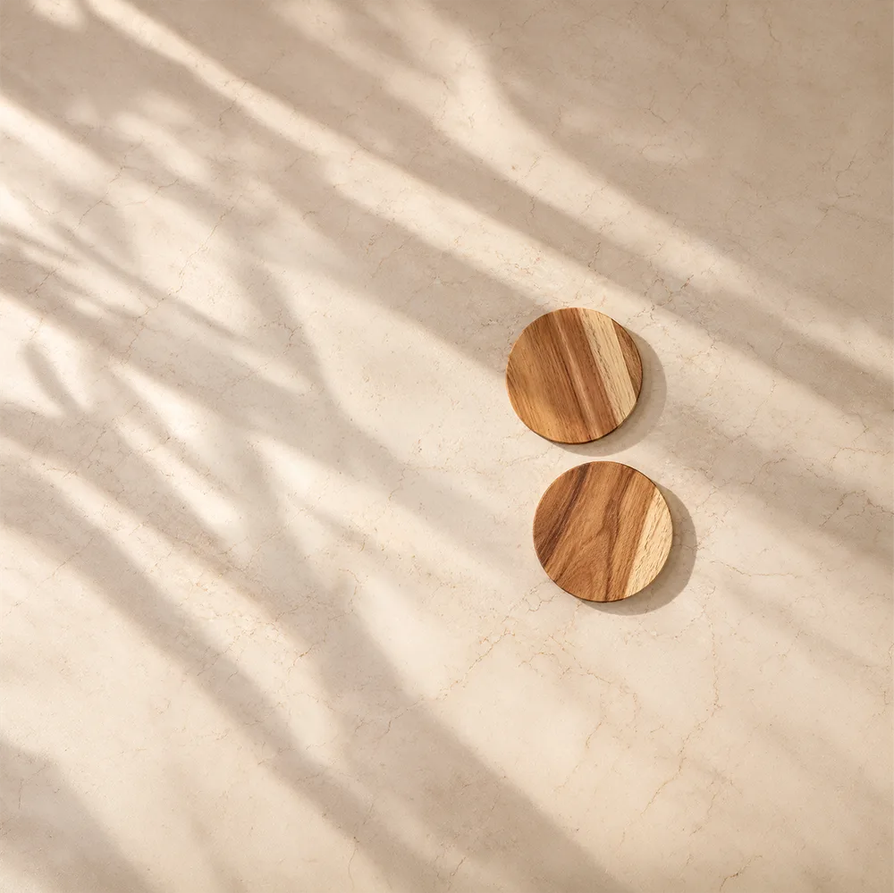 Two round wooden coasters