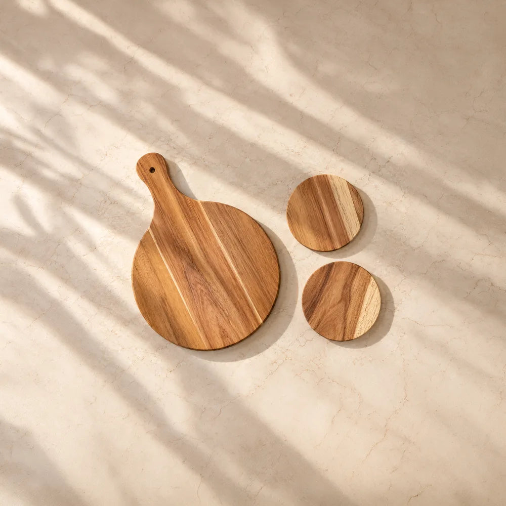Wooden cheeseboard and two coasters