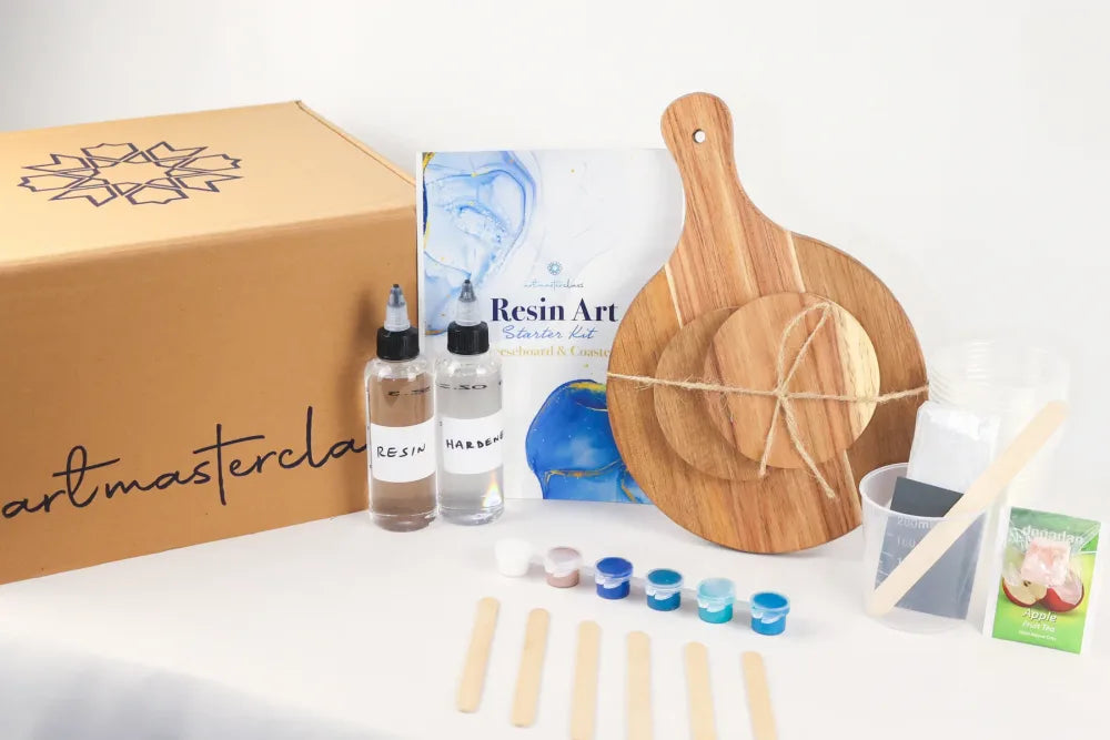 Resin art home kit with board, coasters, pigments and tools